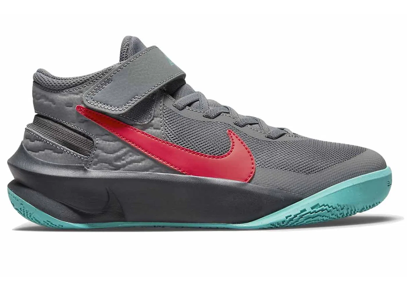 Детские кроссовки с системой FlyEase Nike Team Hustle D 10, Smoke Grey/Dark Smoke Grey/Washed Teal/Siren Red