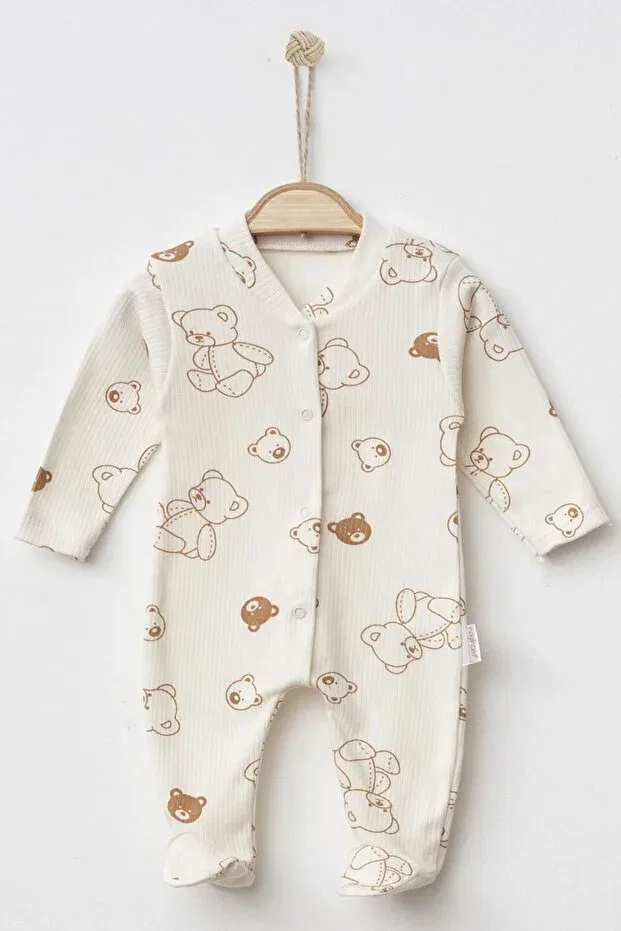Детский комбинезон с принтом Unisex baby teddy bear themed themed jumpsuit with snap fasteners booties newborn baby outfit 0-3-6 months Enia Baby, Ecru