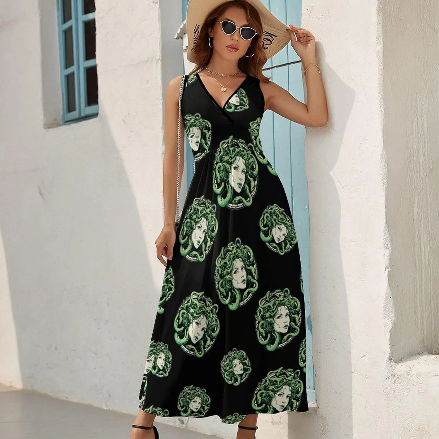 Женское макси-платье без рукавов с V-образным вырезом Medusa Green Snakes, Style-28 — фото 2