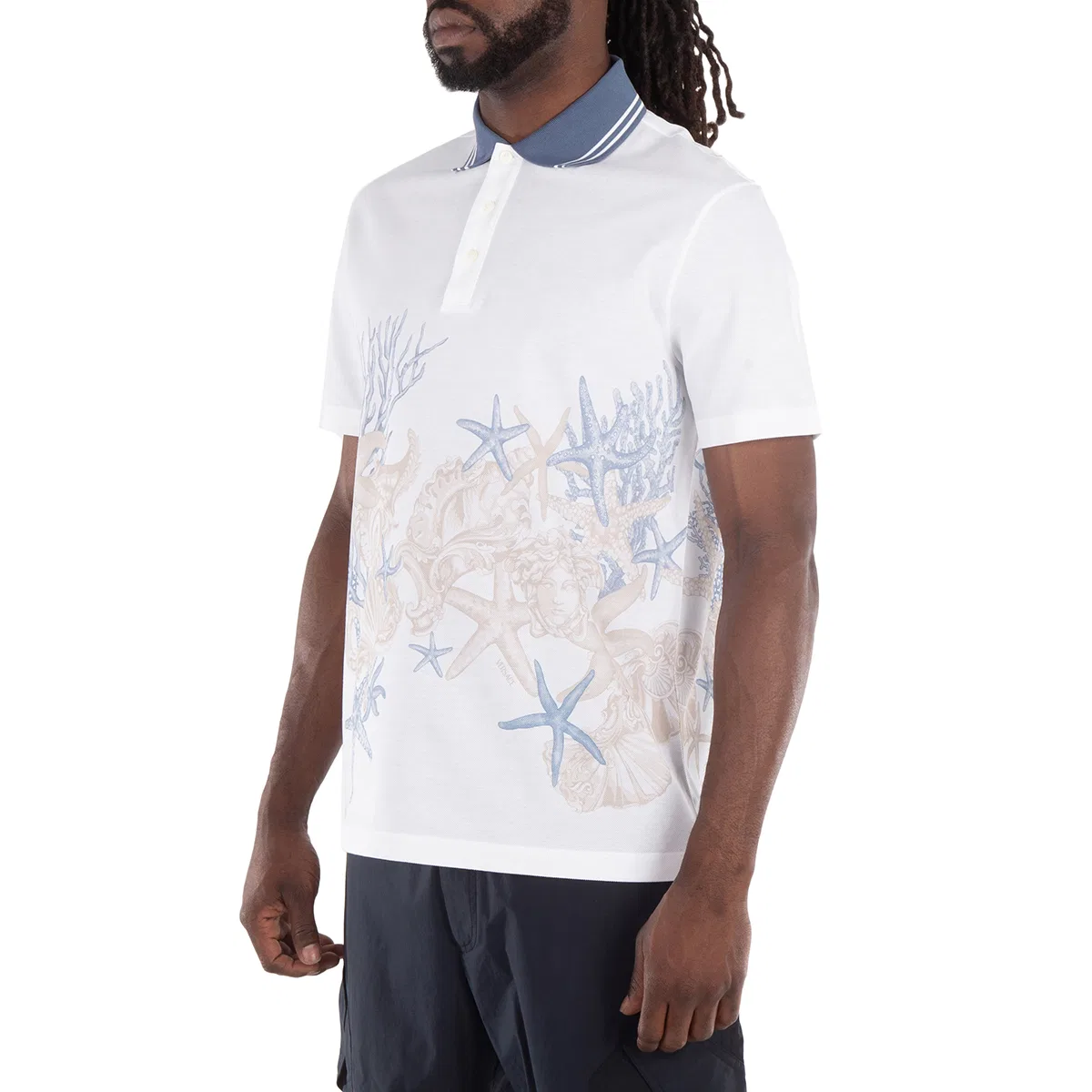 Поло с принтом Starfish Cotton Polo Shirt Versace, White/Print — фото 2