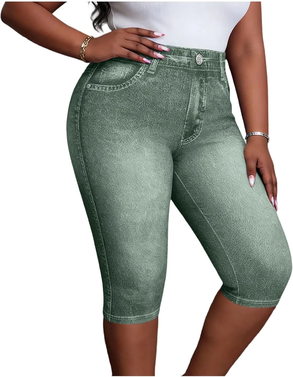 Джинсы капри, высокая посадка, Slim Fitted, Green