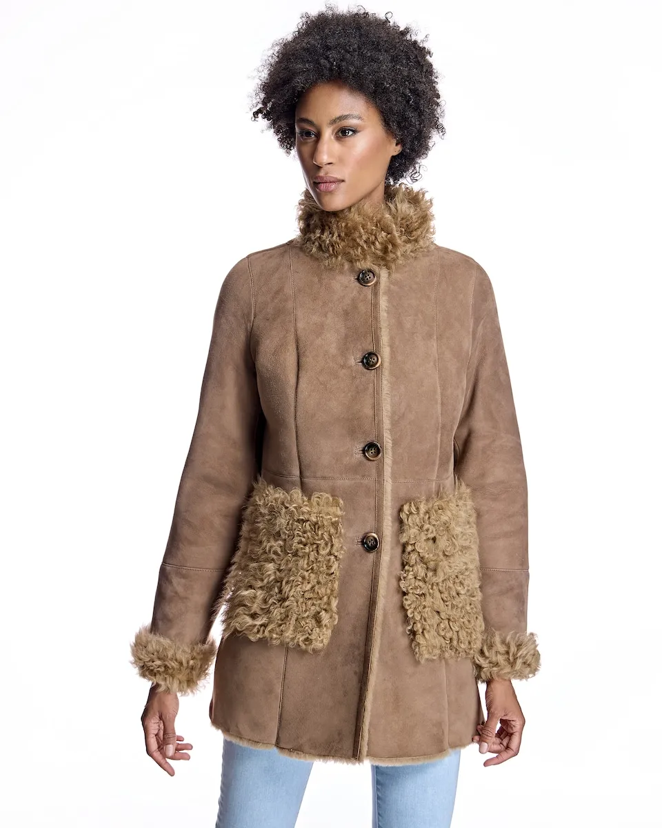 

Женская куртка из кудрявого меха ягненка с карманами Maximilian, светло-коричневый