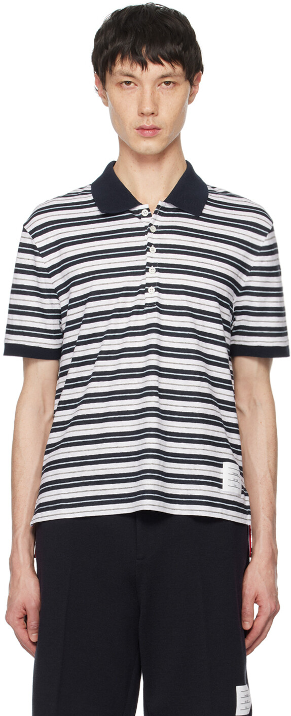 

Темно-синяя рубашка-поло в полоску Thom Browne, цвет Navy