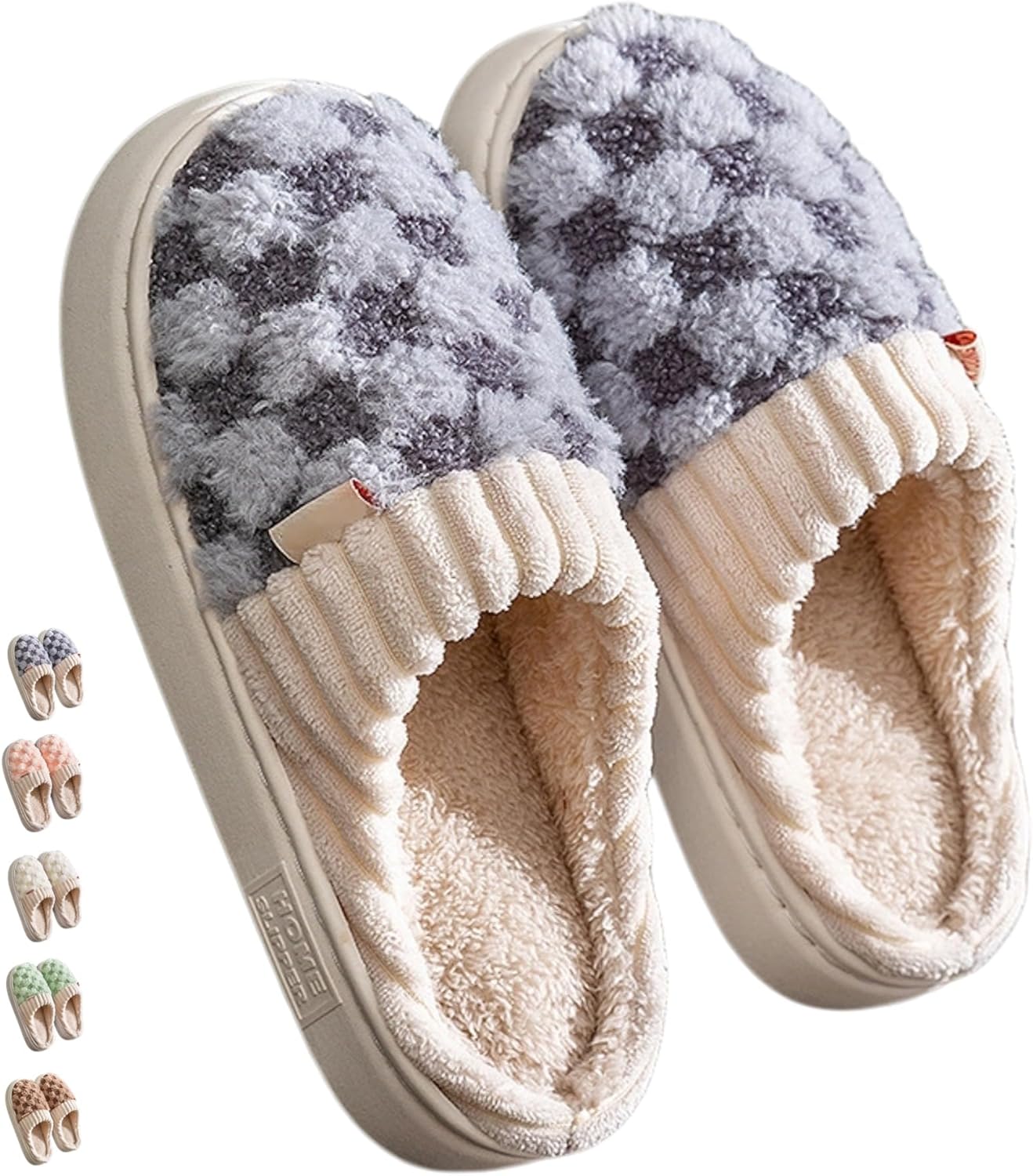 

Iwhgrmp Модные домашние тапочки в клетку для женщин и мужчин, для зимы, теплые и уютные, плюшевые, хлопковые, клетчатые, пушистые, для спальни, на толстой подошве, на один шаг, серый