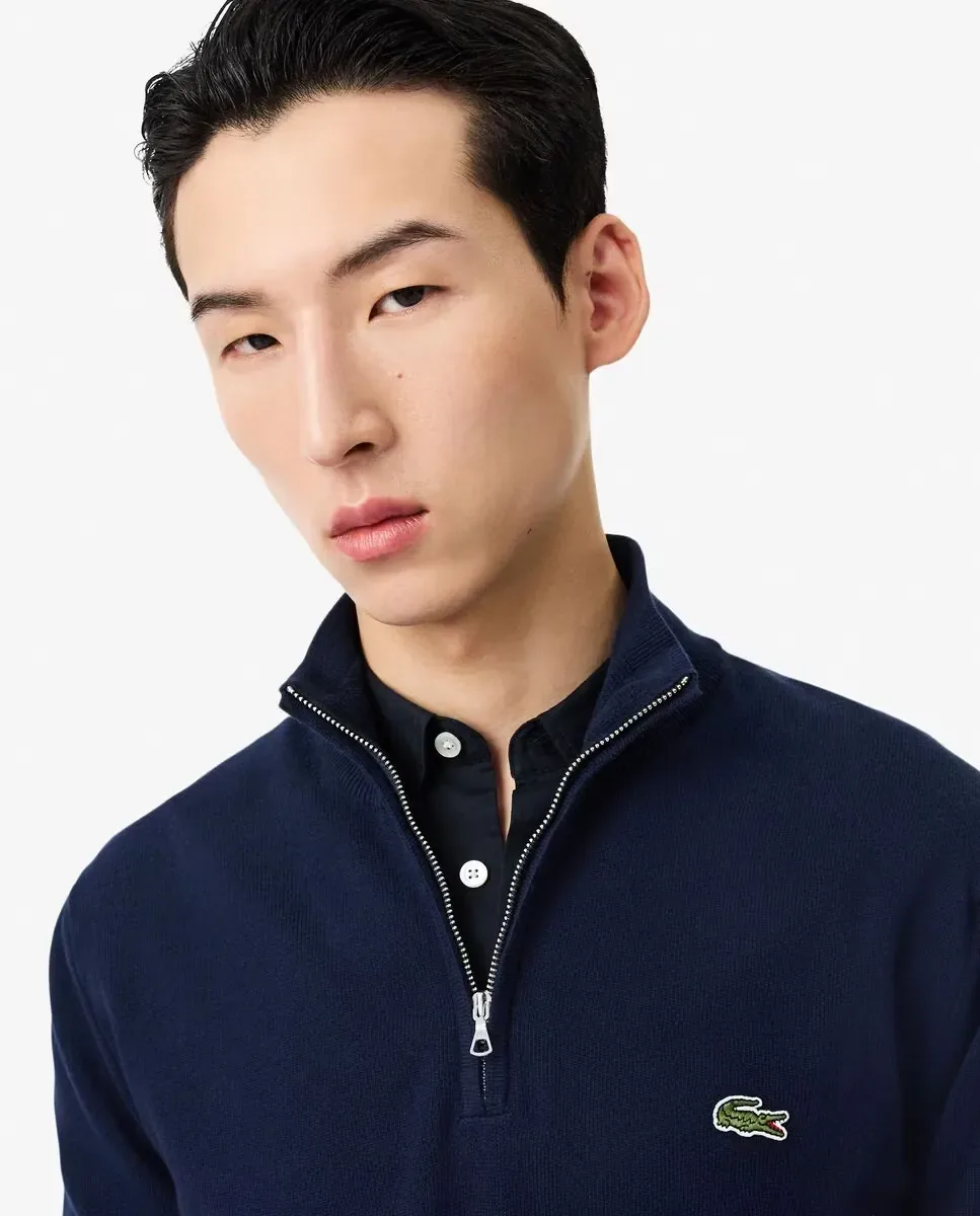 Мужской хлопковый джемпер с высоким воротником на молнии Lacoste, темно-синий — фото 3