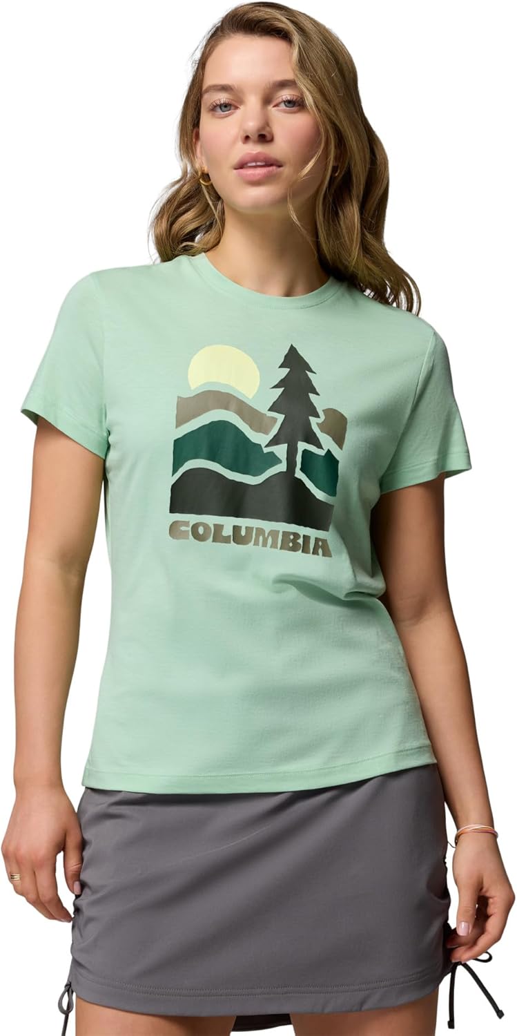 

Футболка Columbia Womens Ruby Springs Graphic Fitted Short Sleeve, New Mint/Get Hiked, Зеленый, Футболка Columbia Womens Ruby Springs Graphic Fitted Short Sleeve, New Mint/Get Hiked