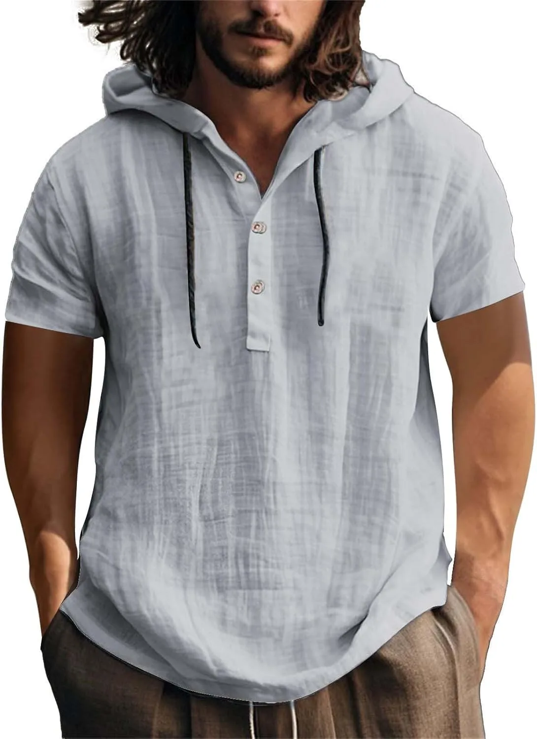 

Льняная рубашка-худи для мужчин с коротким рукавом и кулиской