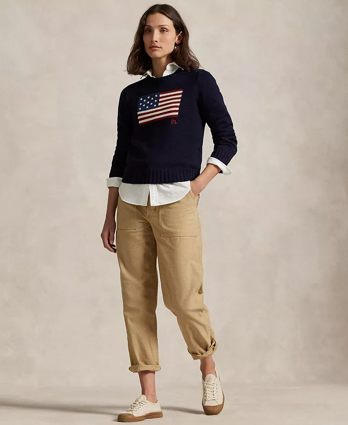 Женский хлопковый свитер с круглым вырезом Flag Polo Ralph Lauren, синий — фото 2