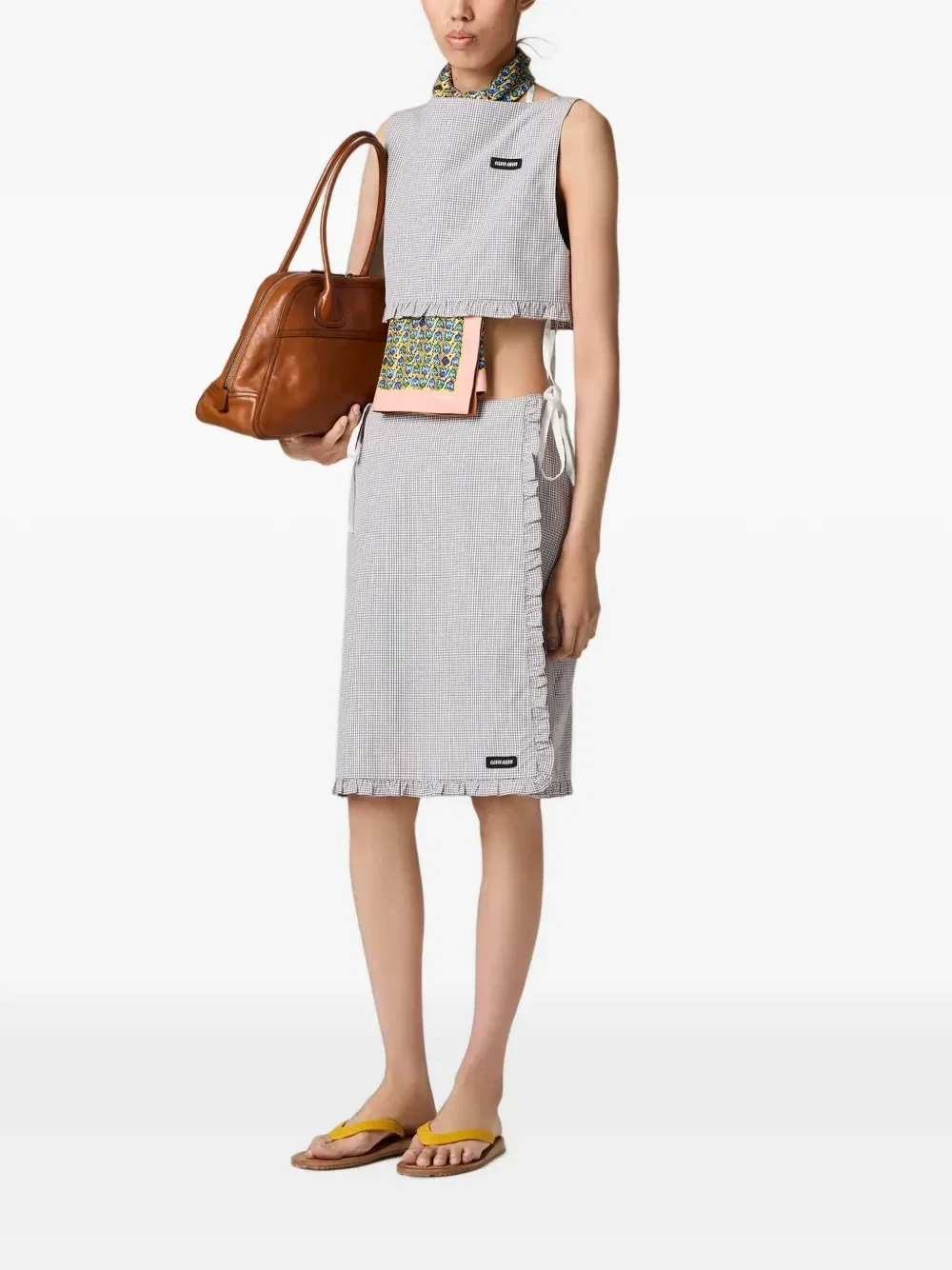 Юбка в клетку с драпировкой Miu Miu, белый