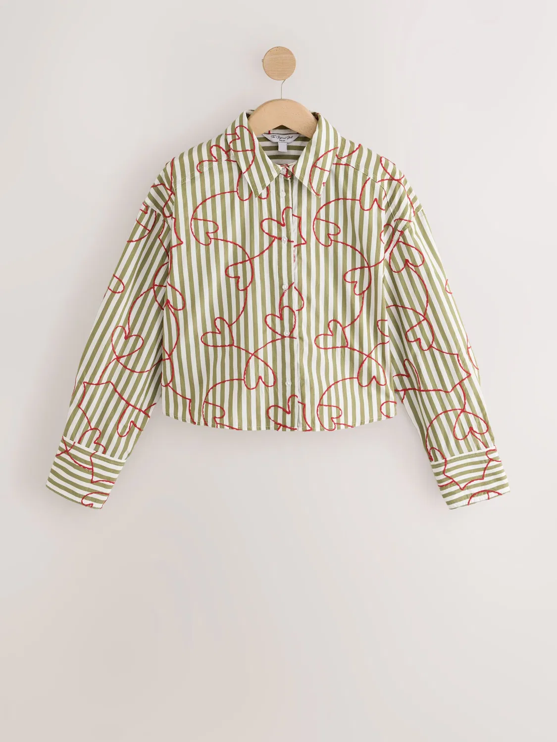 Рубашка оверсайз кроп, Green/White Stripe Heart Embroidered Next, зелено-белая полоска