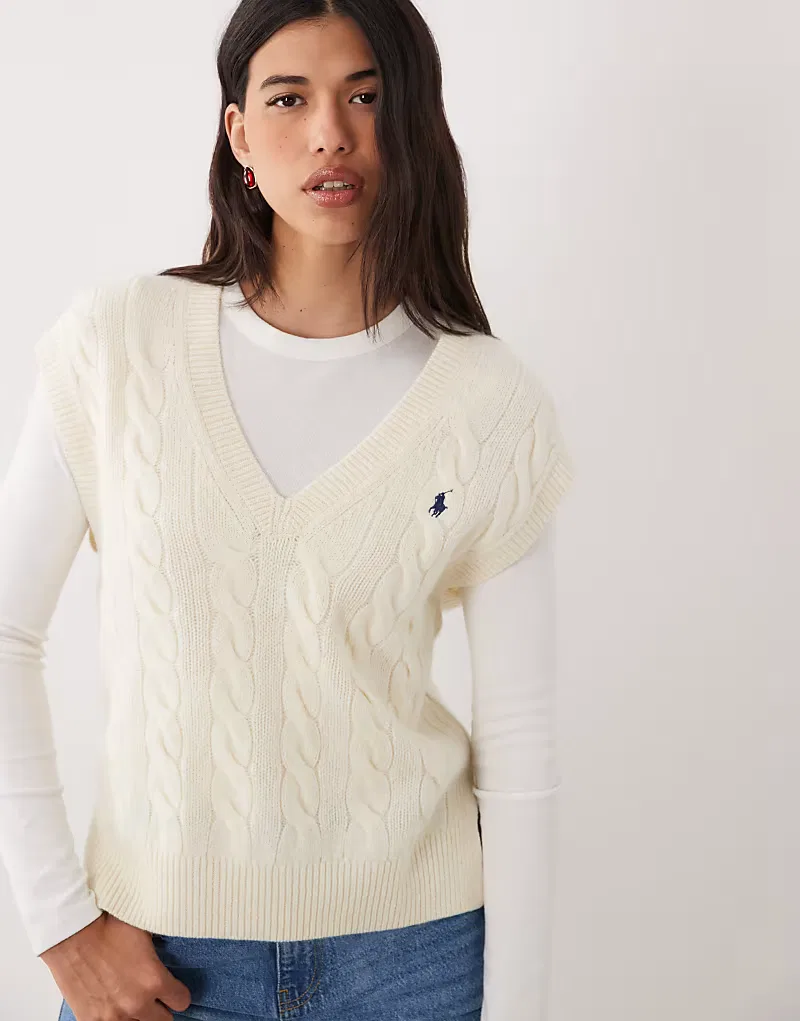 Хлопковый джемпер без рукавов Polo Ralph Lauren крупной вязки, кремовый