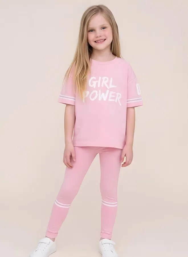 Комплект футболка и леггинсы с принтом girl power Take Two, светло-розовый