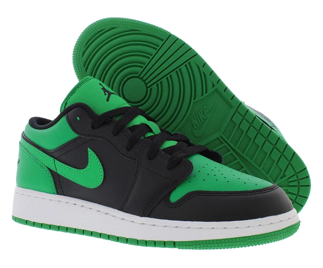Детские кроссовки для мальчиков кожаные Air Jordan 1 Low (GS) NIKE, Black Black Lucky Green White — фото 2