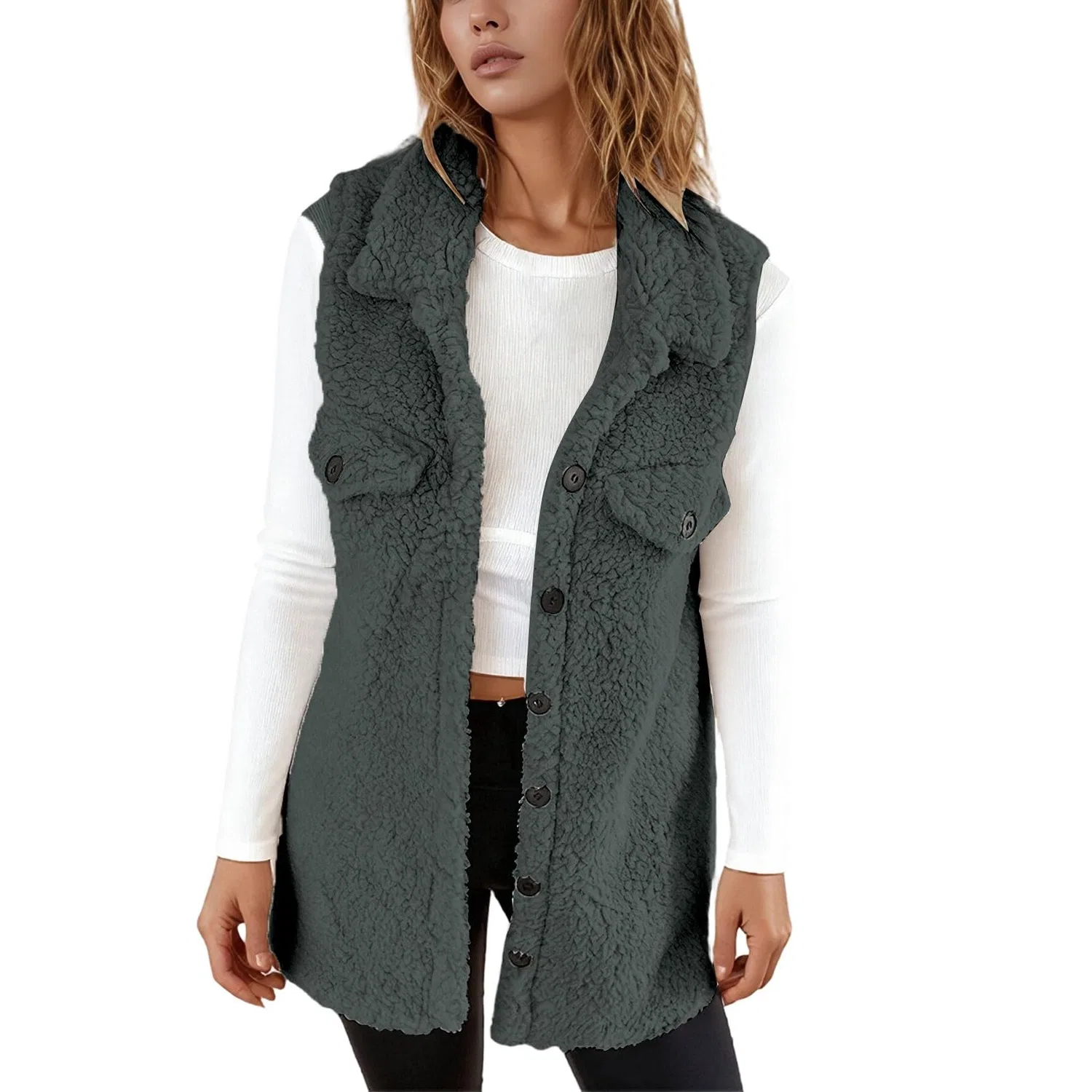 Женский жилет из флиса с длинным рукавом, Grey