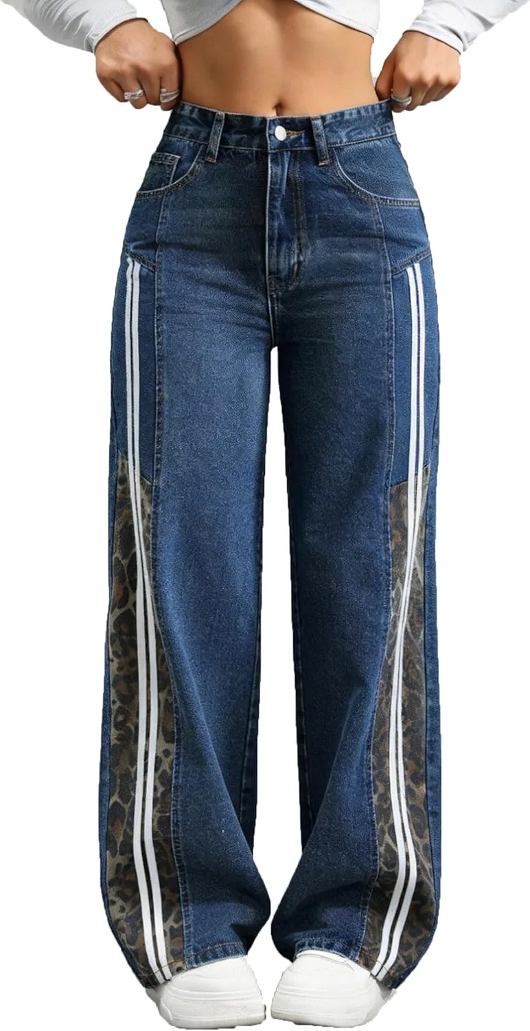 

Nihsatin женские модные джинсы с леопардовым принтом и белыми полосками