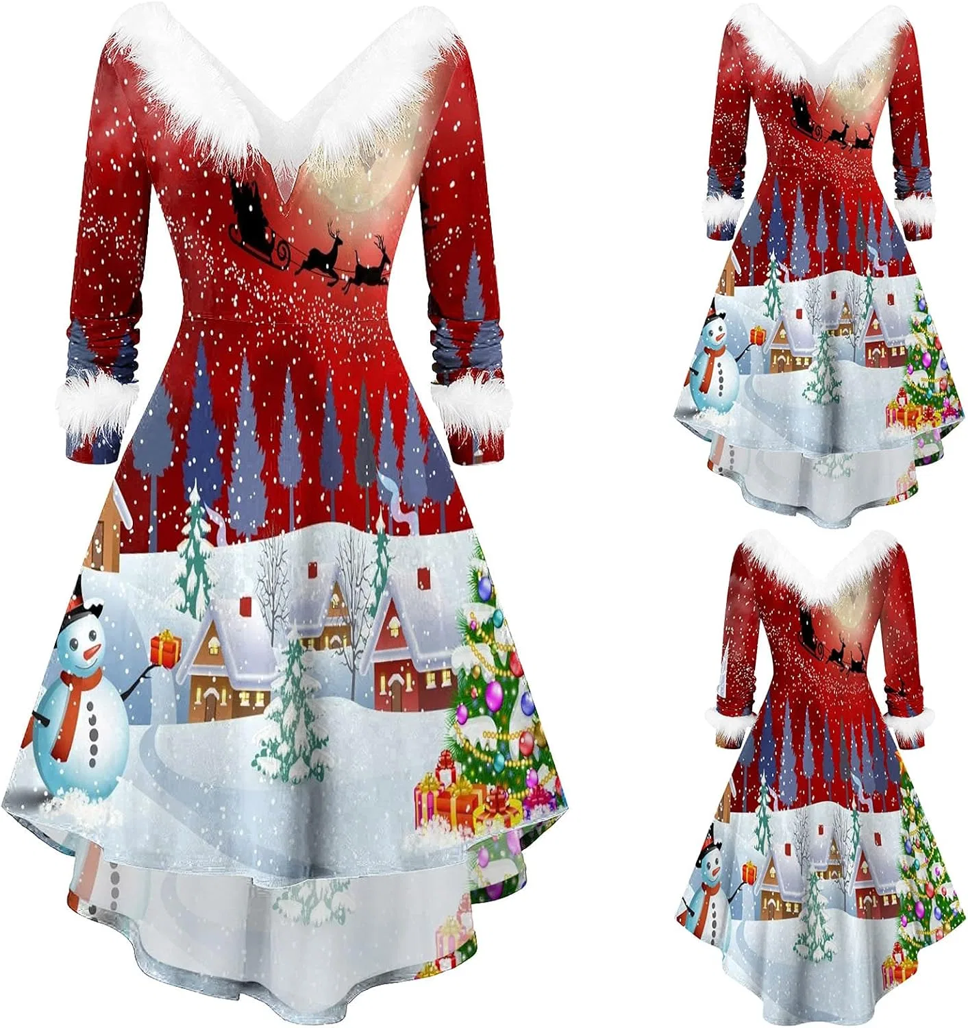 Женское платье-трапеция с длинным рукавом, с V-образным вырезом, Christmas, красный — фото 2