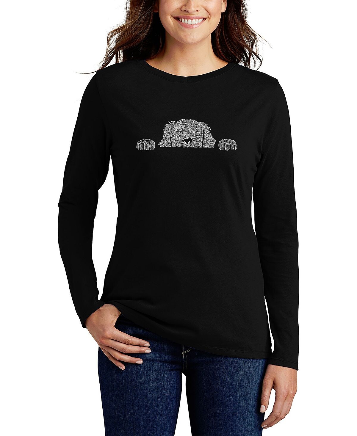 

Женская футболка с длинным рукавом peeking dog word art LA Pop Art, черный