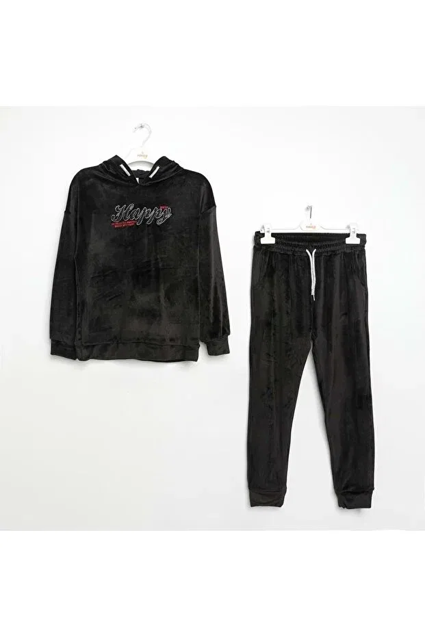 Детский спортивный костюм для девочек велюровый Written hooded velvet tracksuit set Nanica Kids, Black