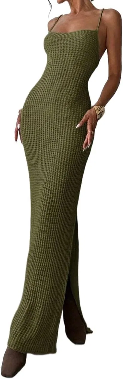 Женское облегающее платье миди с разрезом и открытой спиной, Army Green