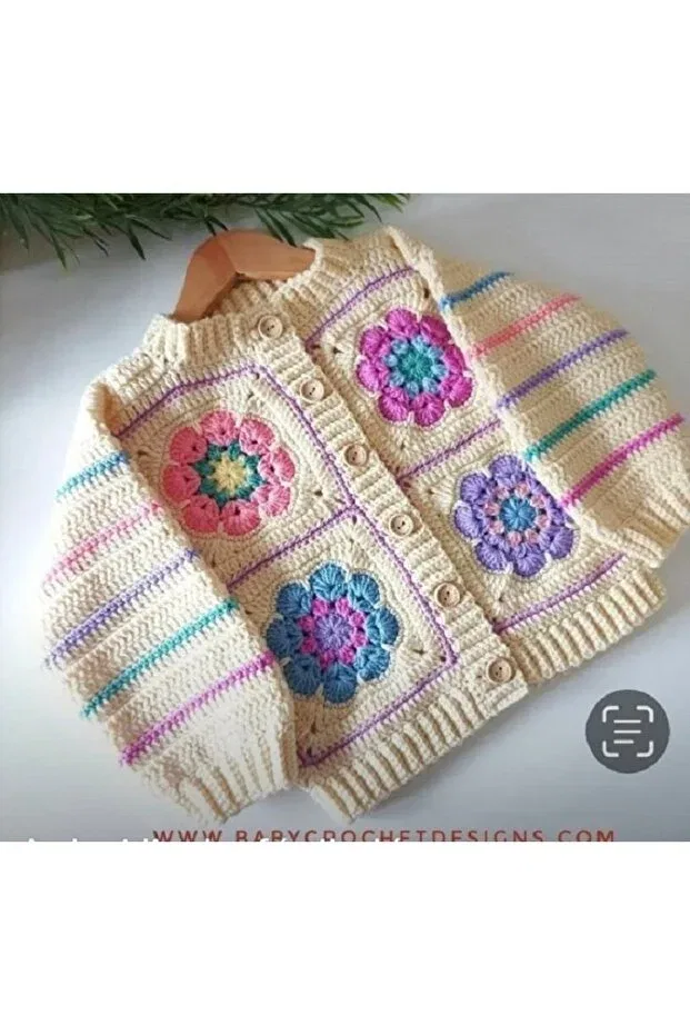 Детский вязаная кардиган с цветочным принтом, модель Rose Motif, Melonndesign, Белый