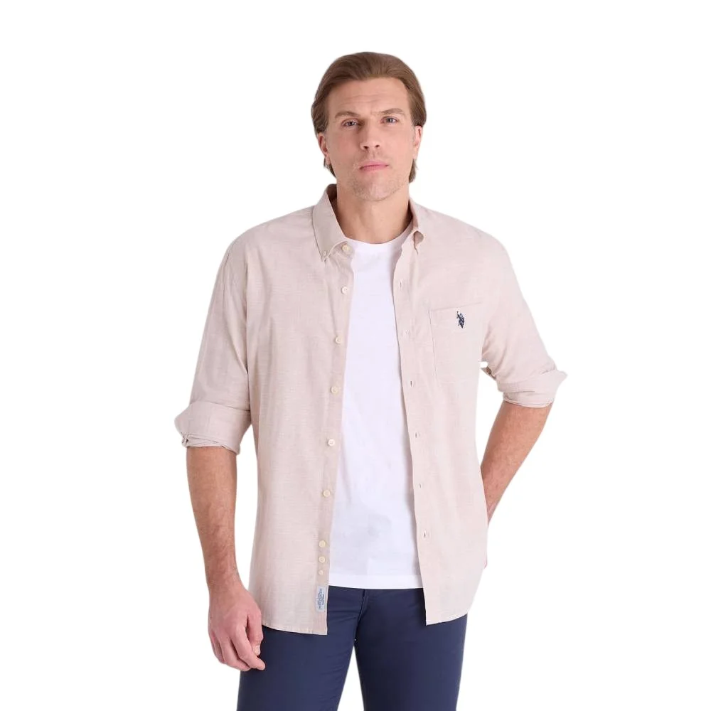 Мужская рубашка U.S. Polo Assn. Long Sleeve Houndstooth Stretch Poplin, хаки