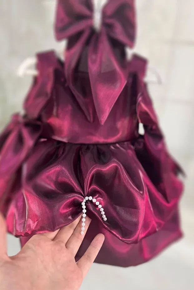 Детское платье для девочек с принтом Balloon skirt plum pearl detailed bow evening dress Bertuğ Bebek, Purple — фото 3
