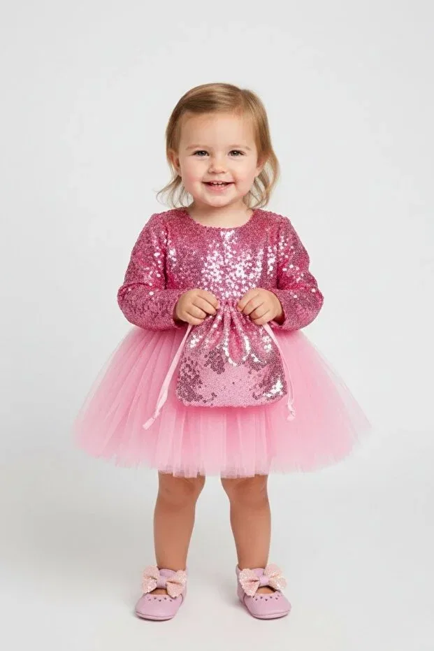 Детское платье для девочек с пайетками Fuchsia Sequin Long Sleeve Baby Girl Dress Le Mabelle, Fuchsia