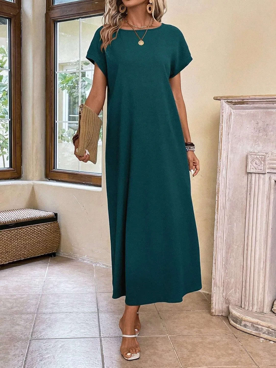 Женское повседневное платье-туника с карманами Batwing Sleeve, Dark Green — фото 4