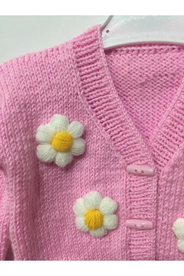 Детский кардиган для девочек с цветочным принтом Hand knitted candy pink floral baby cardigan Güneş Kids, Pink — фото 3