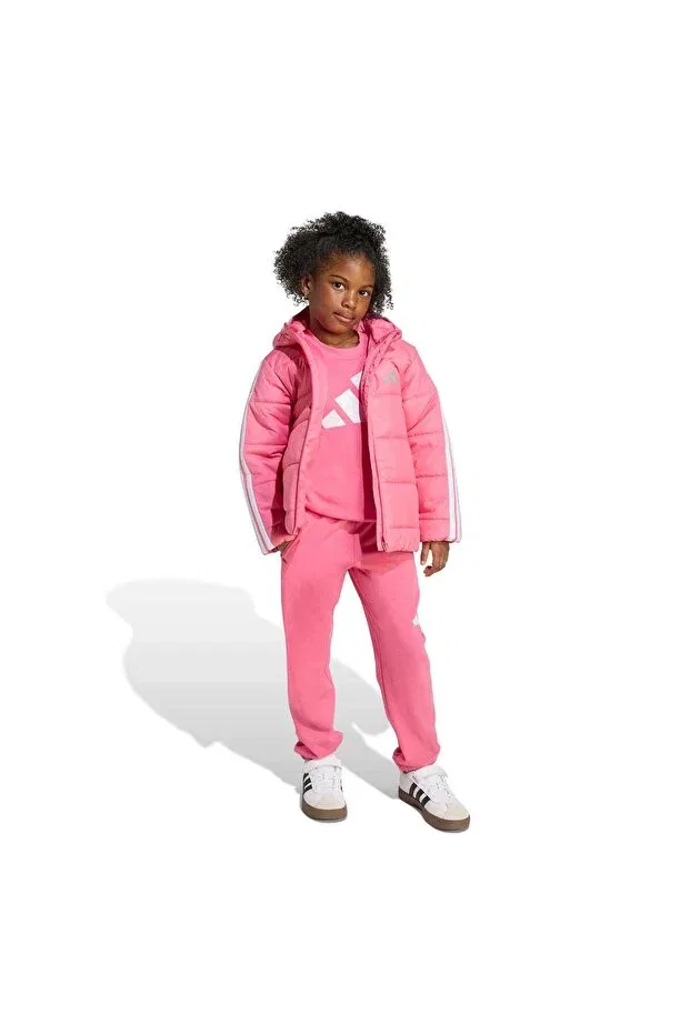 Детская куртка для девочек с принтом Essentials 3-stripes fiber filled Adidas, Pink Fusion-White — фото 4