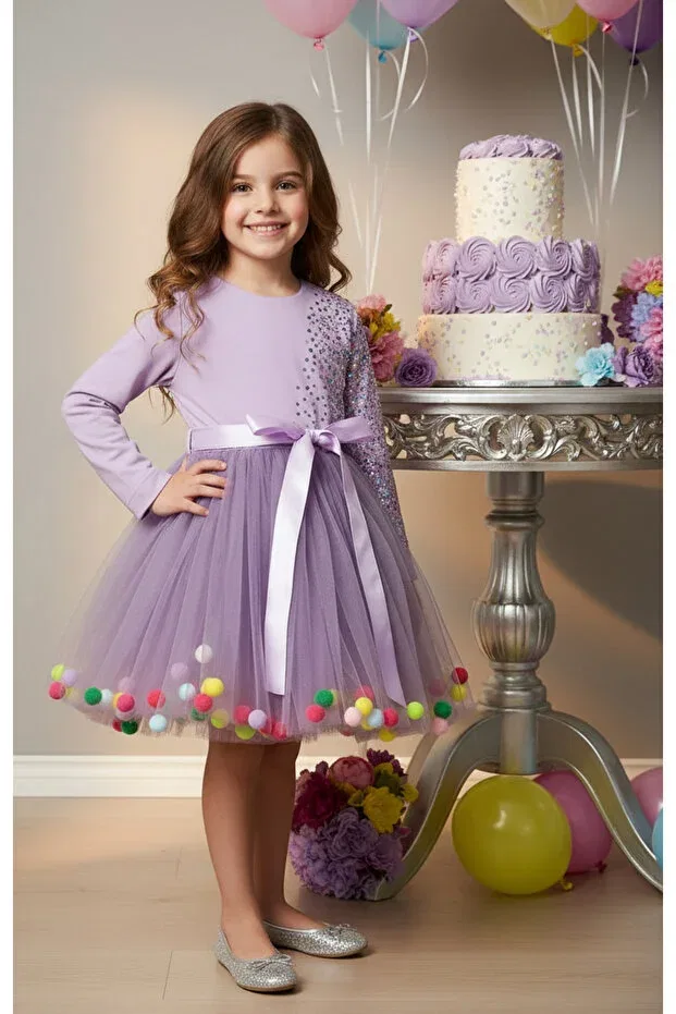 Детское платье для девочек с длинным рукавом Pompom children's dress 086229 By Piera, Lilac