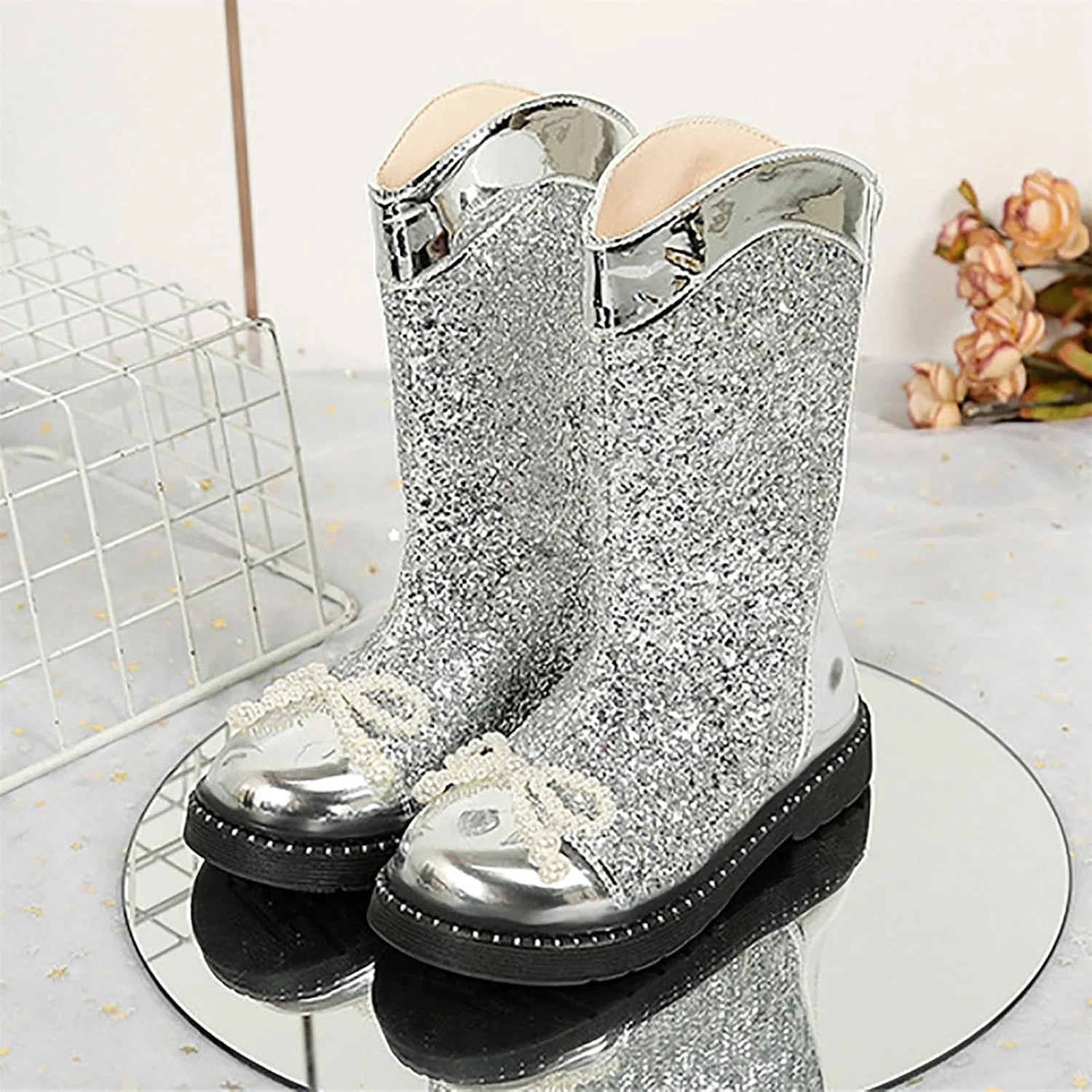 Детские сапоги для девочек с блестками и бантом Pearl Bowknot, Silver — фото 3