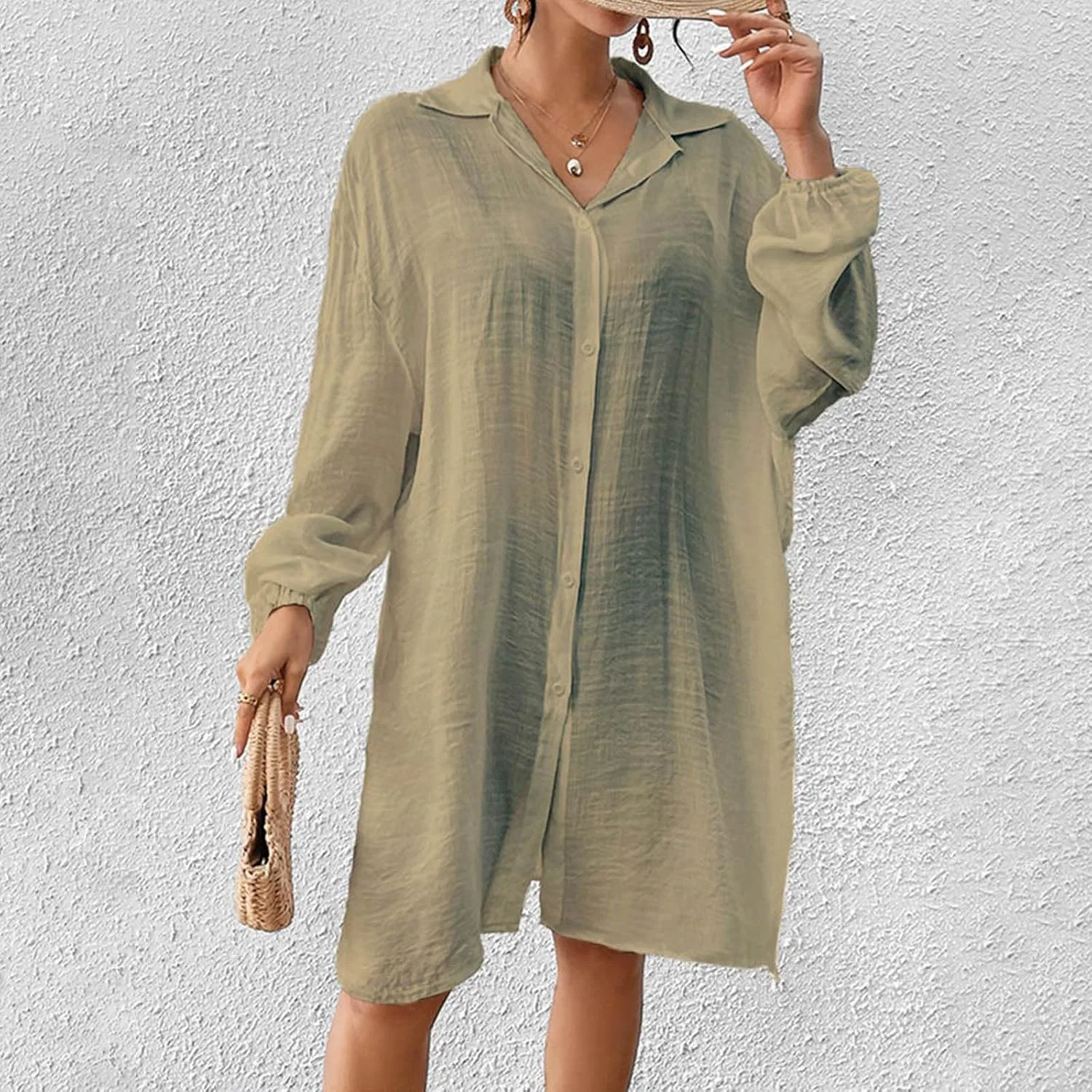 Женская туника-рубашка на пуговицах с длинным рукавом, A01 Khaki — фото 2