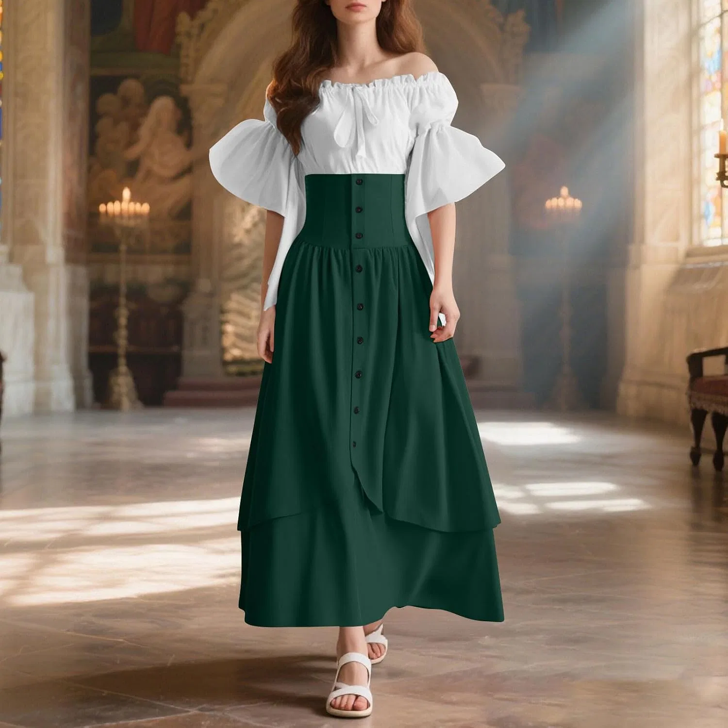 Женское вечернее платье с открытыми плечами Medieval Dress, Green — фото 2