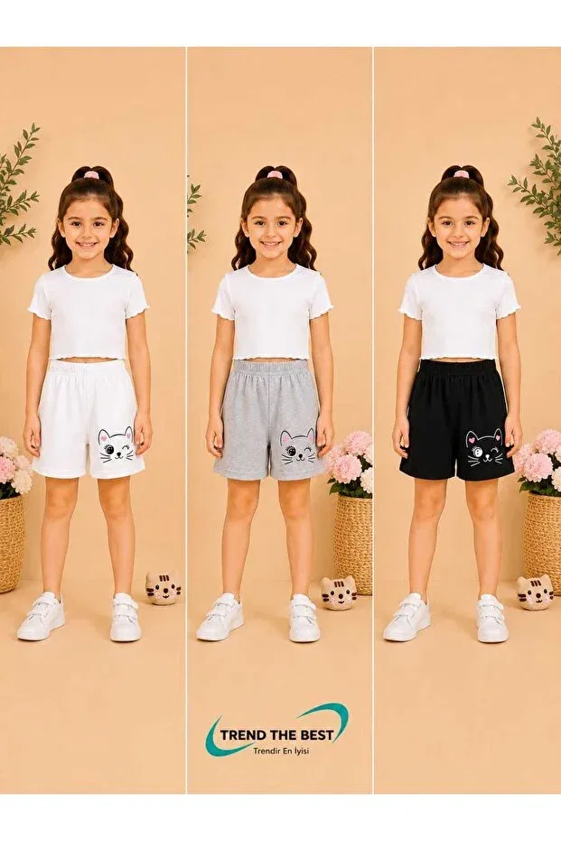 Детские шорты для девочек с принтом Summer winking pink heart eared cat printed girls' shorts Trend The Best Trendin En Iyisi, Multicolor — фото 2