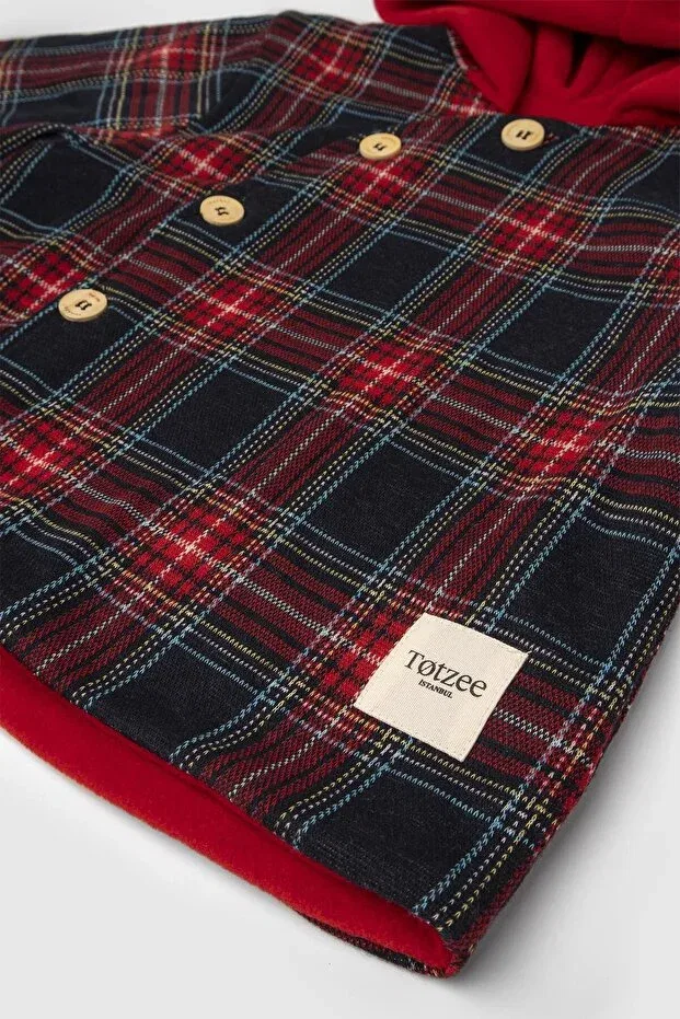 Детское пальто с капюшоном Diagonal coat plaid Totzee, Navy Blue-Red — фото 4