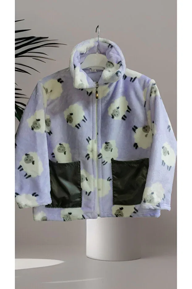 Детская куртка для девочек с принтом Sheep Pattern Fleece Jacket Zeykid, Purple-Lila — фото 2