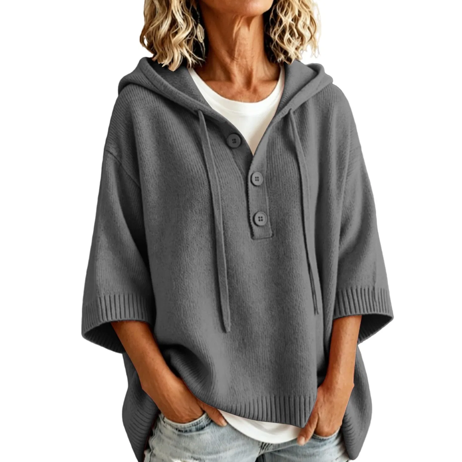 Женский худи с капюшоном и длинным рукавом, модель Henley Neck, Grey