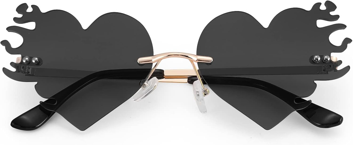 

Солнцезащитные очки Hycredi Melting Heart для мужчин и женщин, без оправы, необычной формы, для вечеринок, оригинальные, с изображением сердца, огня и пламени, B2 - Black