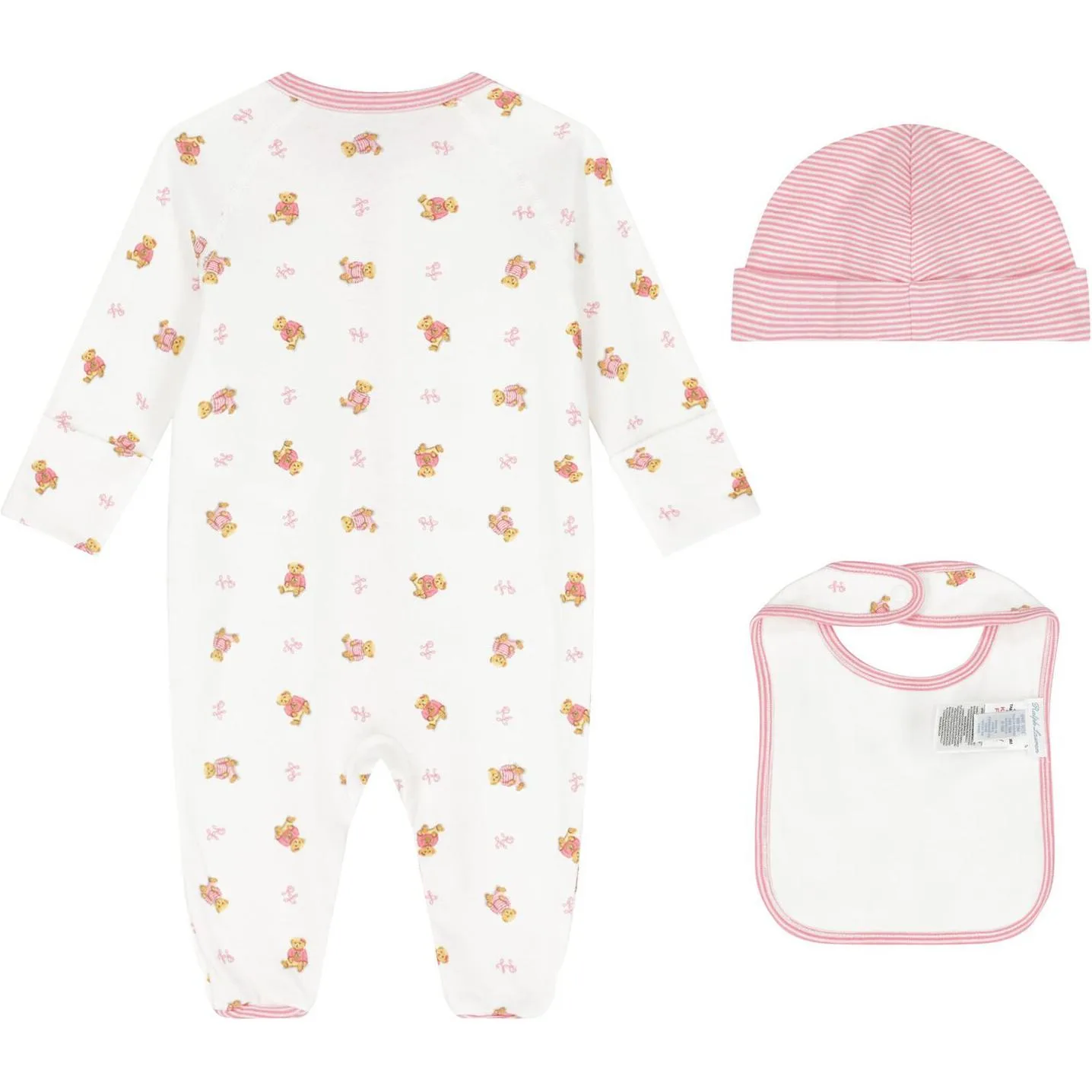 Комбинезон для младенцев и малышей Polo Ralph Lauren, Set (White Jumpsuit+White Bib+Pink Hat) — фото 3
