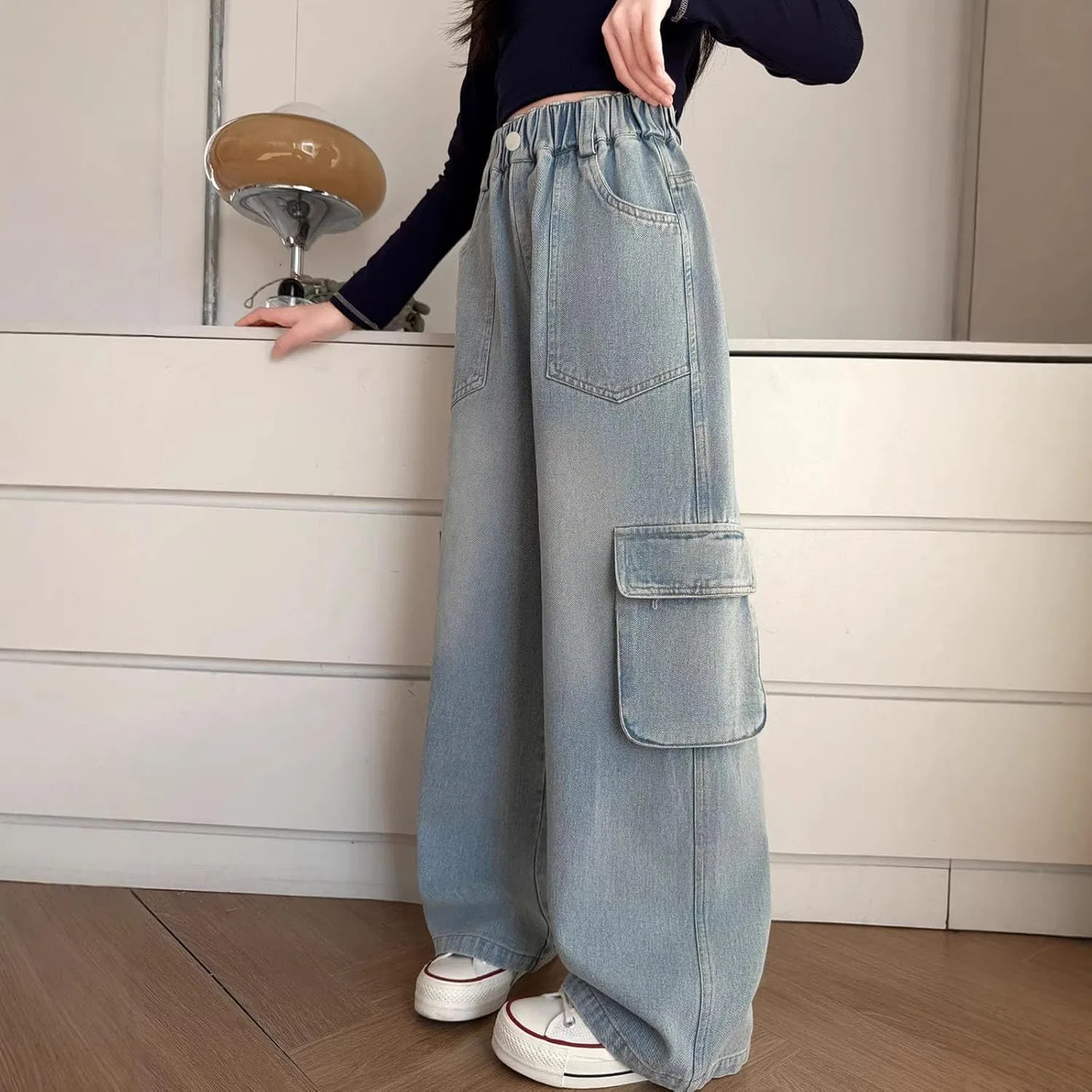 Джинсы карго, свободные, Wide Leg High Waist, Blue-04 — фото 2
