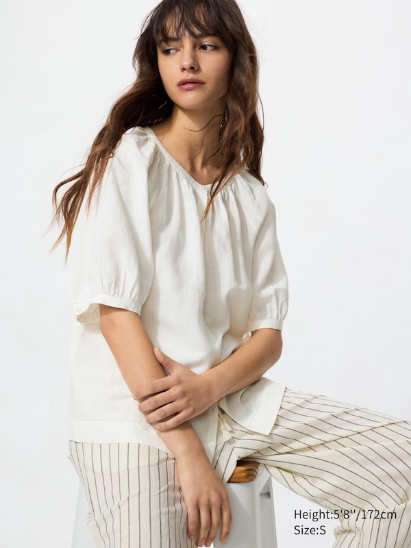 

Блузка из льняной смеси, объемная (короткий рукав) Uniqlo, белый