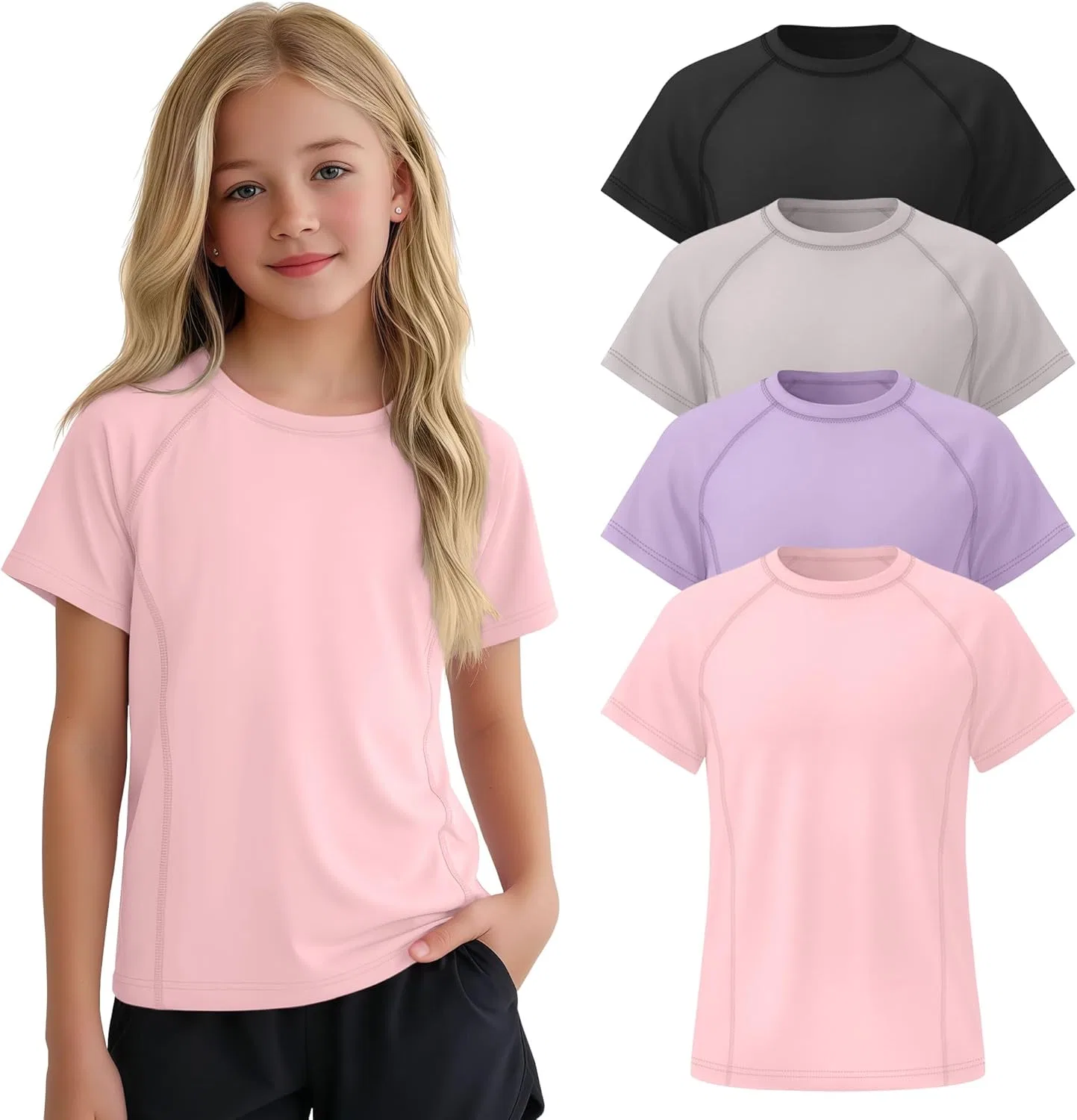 Детские футболки для активного отдыха 4 шт, LessonZoo, Light Pink, Taro Purple, Light Gray, Black