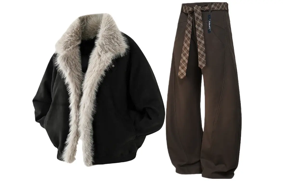 

Повседневный спортивный костюм Unisex с лацканами, утолщенный и с флисовой подкладкой X1617, top черный puffer jacket+темно-коричневый pants