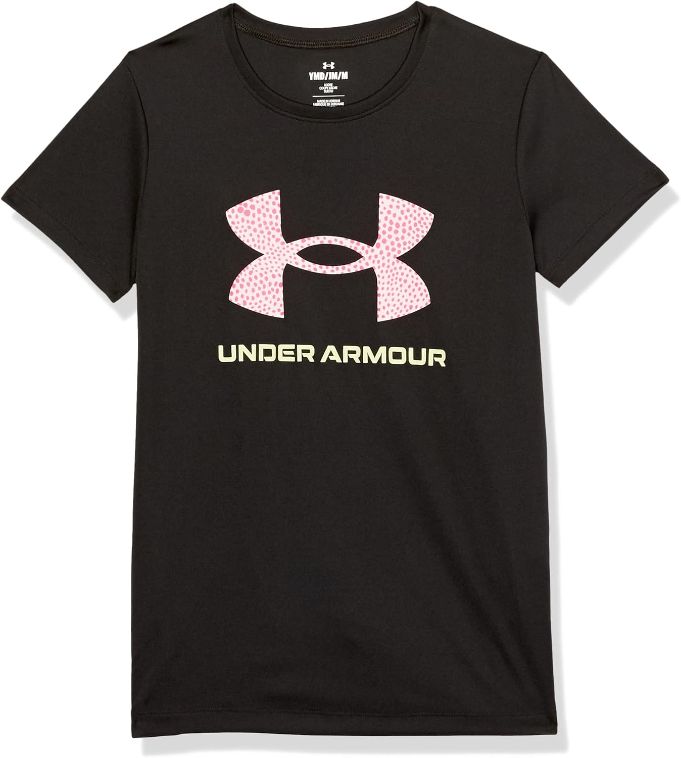 

Футболка Under Armour Girls с короткими рукавами и большим логотипом Tech Print, (001) Black/Fade/Rebel Pink