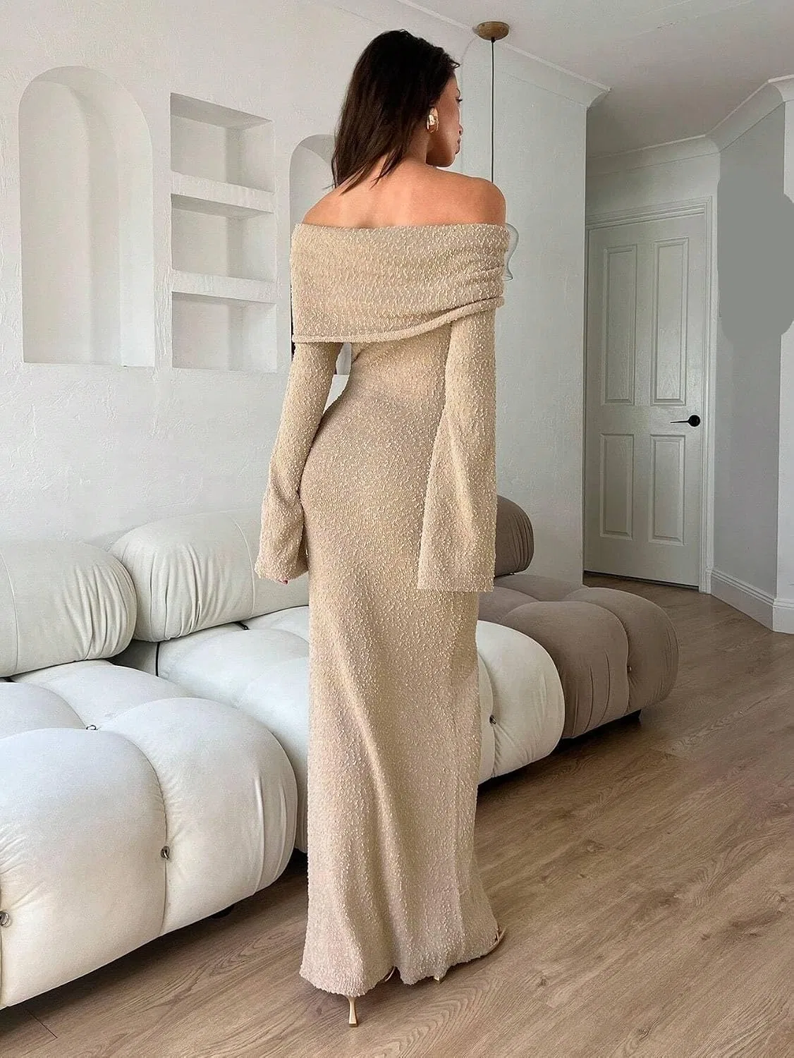 Женское платье макси с воротником-хомутом Knitted, Khaki — фото 3