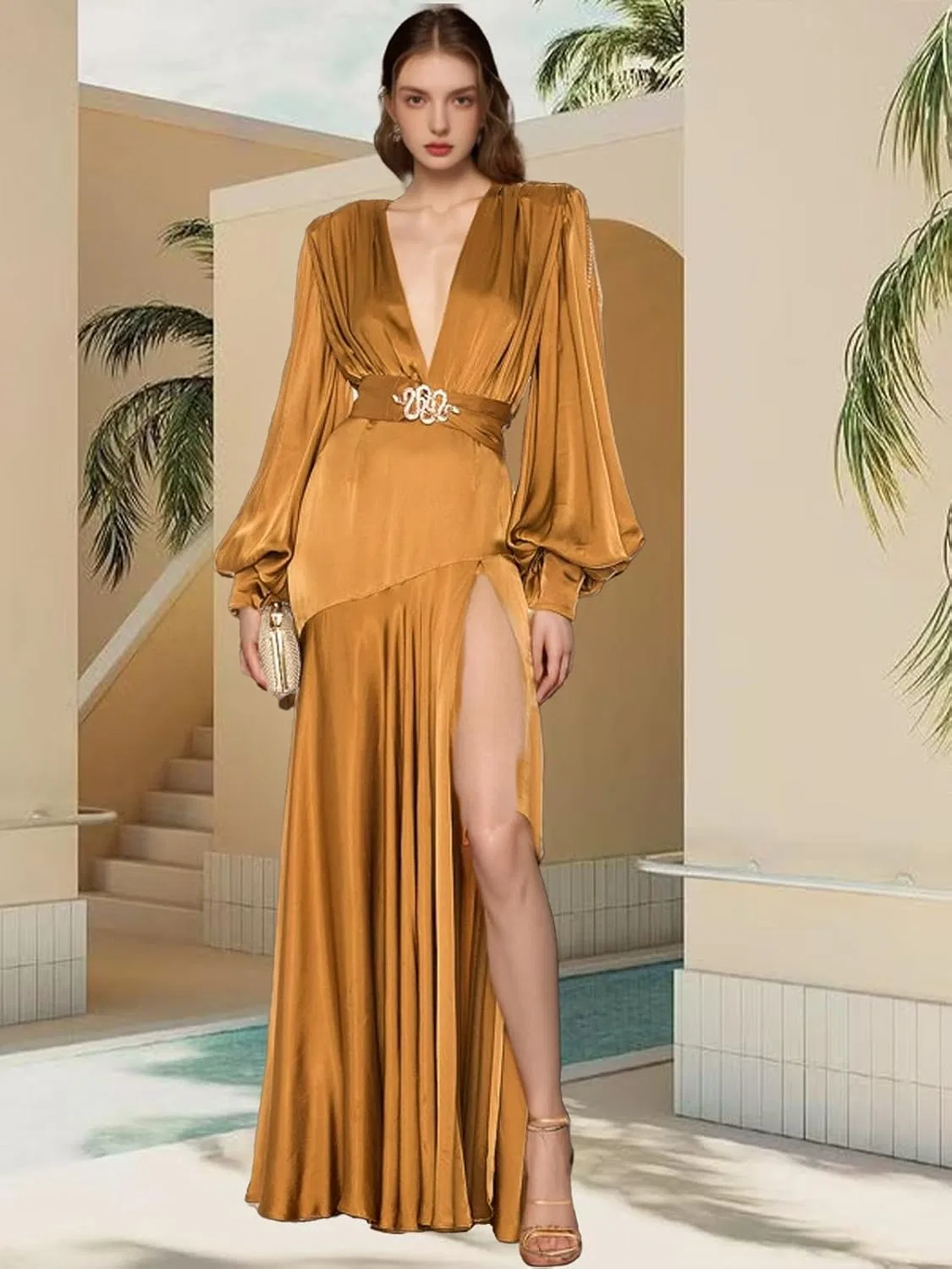 Вечернее платье с глубоким V-вырезом и декоративной цепочкой, Rose Gold — фото 2