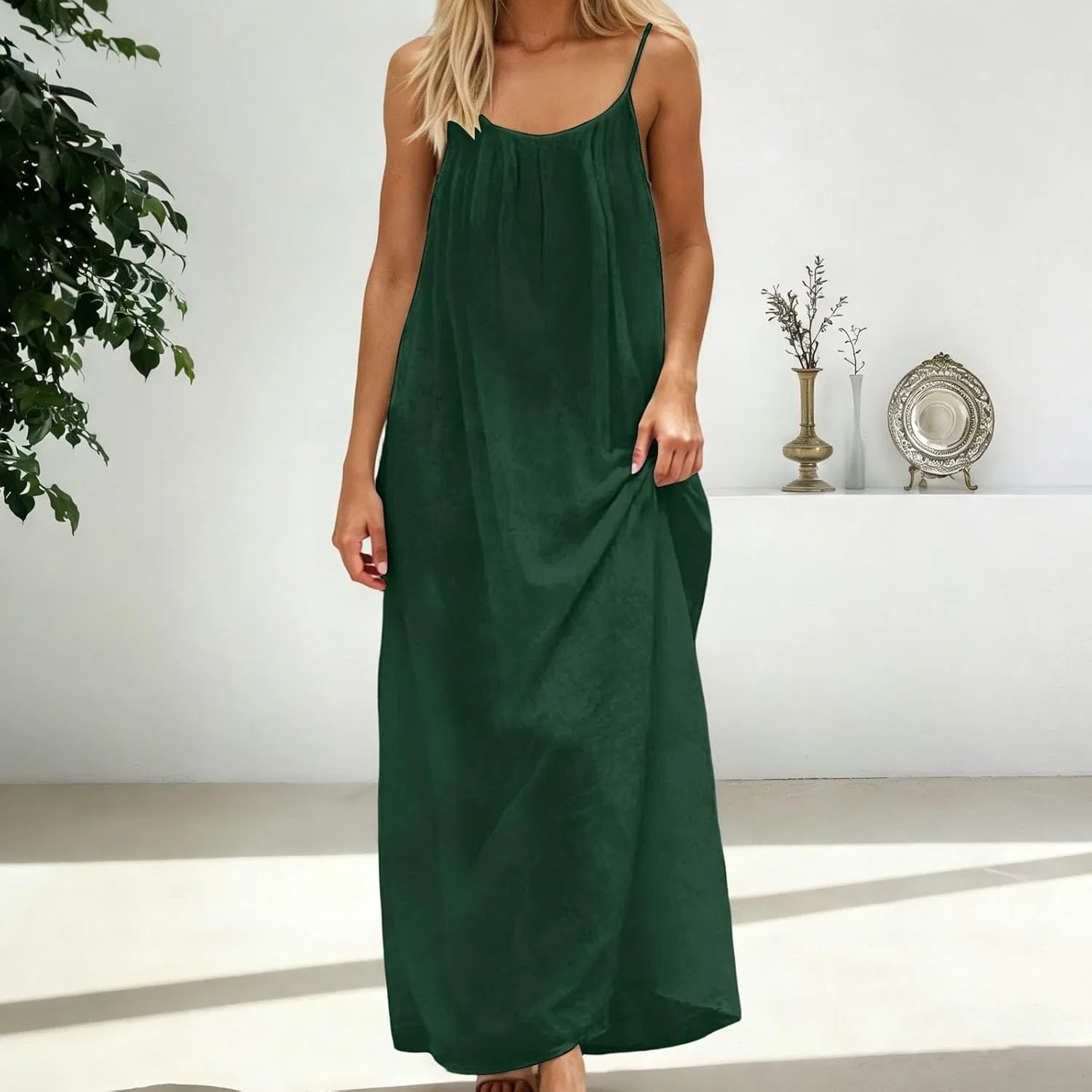 Женское пляжное макси-платье на бретелях с открытой спиной, Dark Green — фото 2