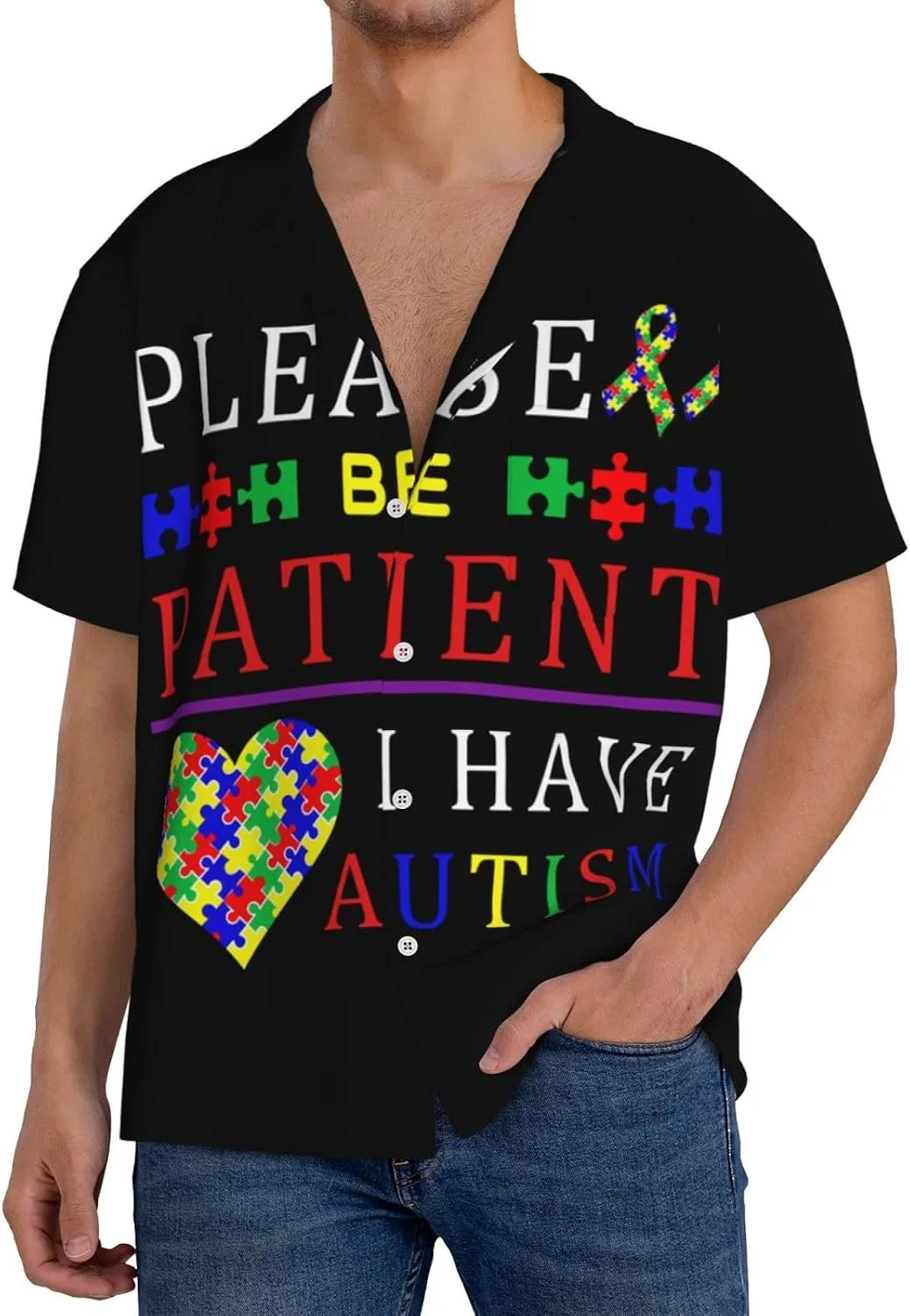 Мужская повседневная рубашка с кубинским воротником Letter Print, Black