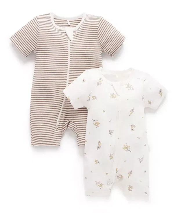 Детский комбинезон на молнии с коротким рукавом комплект из 2 штук Purebaby, Vanilla Wattle Bee Pack